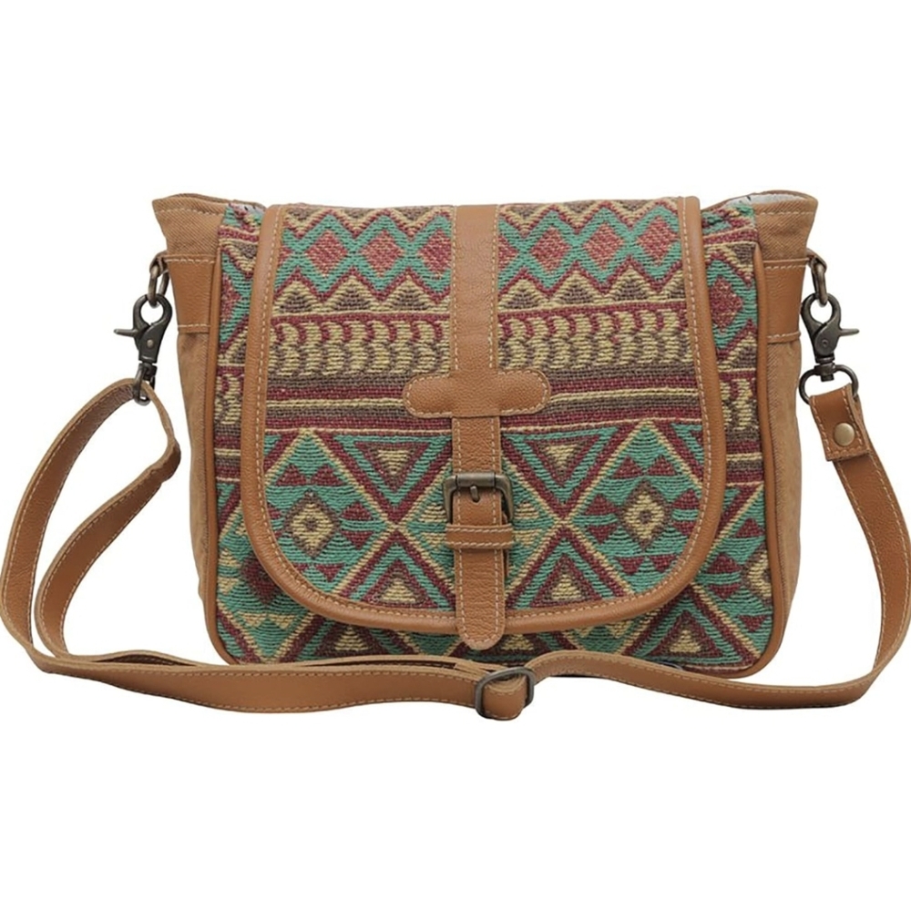Myra Bag Western Leather Shoulder Canvas Crossbody Electric Ice Turquoise Brown - Picture 5 of 16